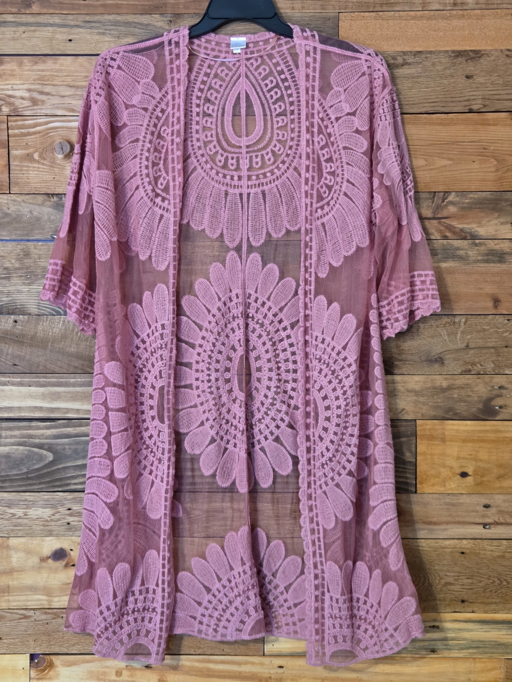 Pink Sheer Embroidered Lace Kimono Cardigan Open Front Boho Festival Cover Up